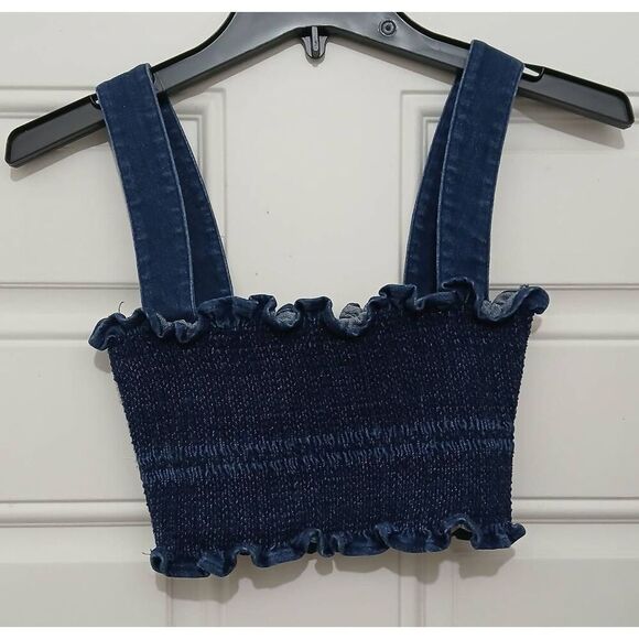 Capulet womens small cropped tube denim top blue ruched - Picture 2 of 7
